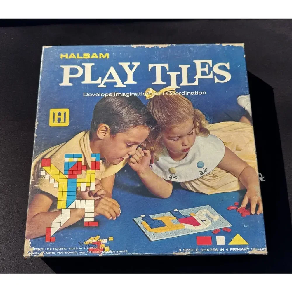 Vintage Halsam Play Tiles Plastic Peg Board Colored Pieces Picture Guide Box